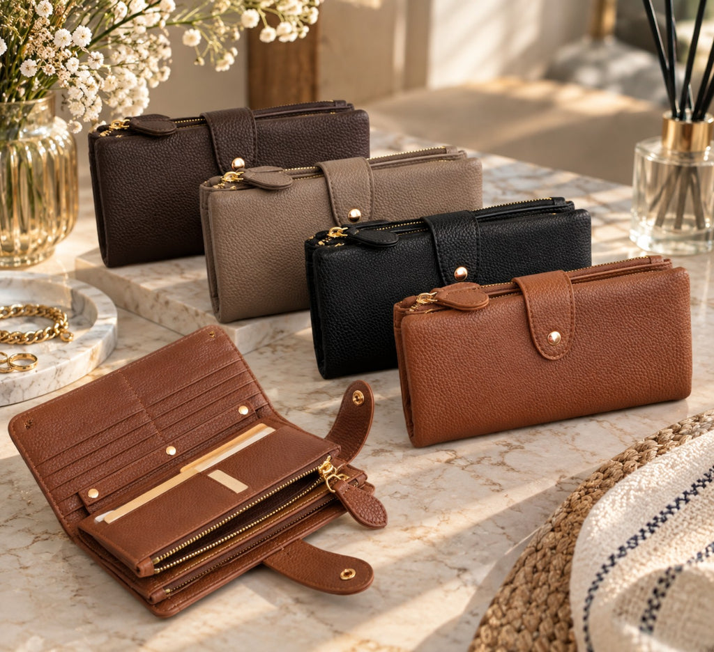 Portefeuille Alghero femme – présentation des coloris noir, camel, chocolat et taupe