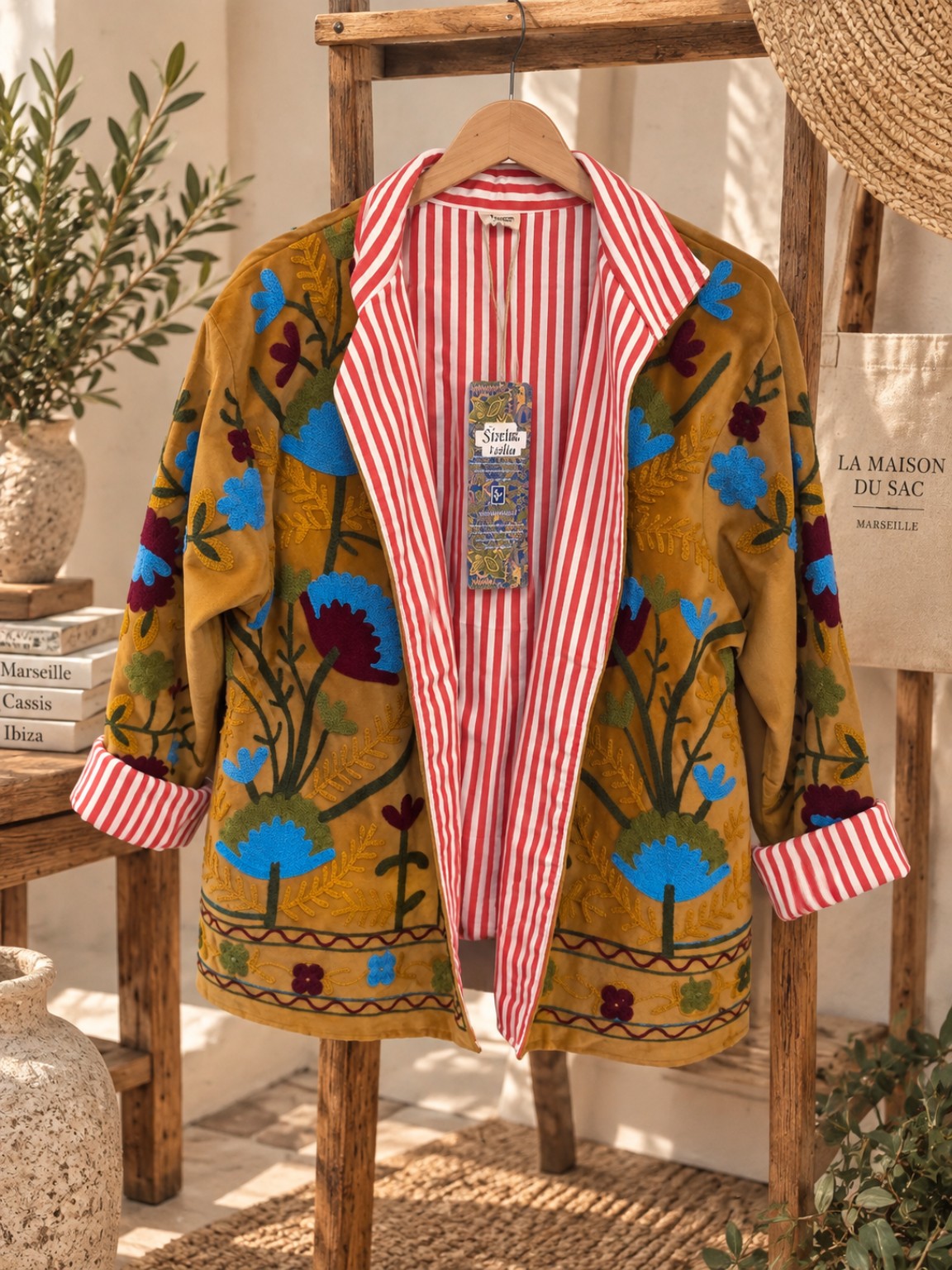Veste Alghero camel 100 % coton aspect velours brodé vue de face sur cintre