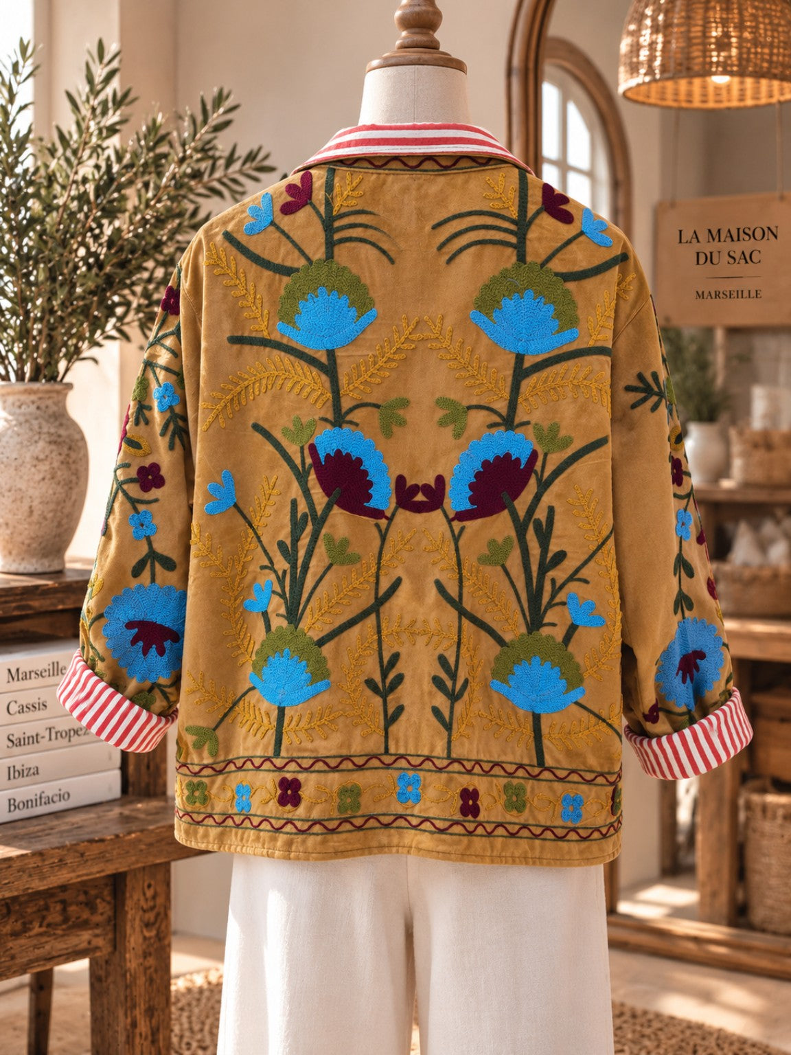 Dos de la veste Alghero camel 100 % coton aspect velours avec broderies florales multicolores
