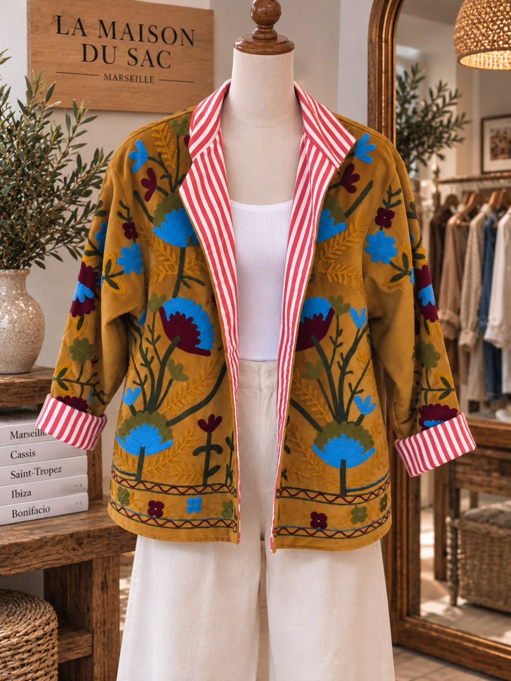 Veste Alghero camel 100 % coton aspect velours avec broderies florales multicolores sur mannequin