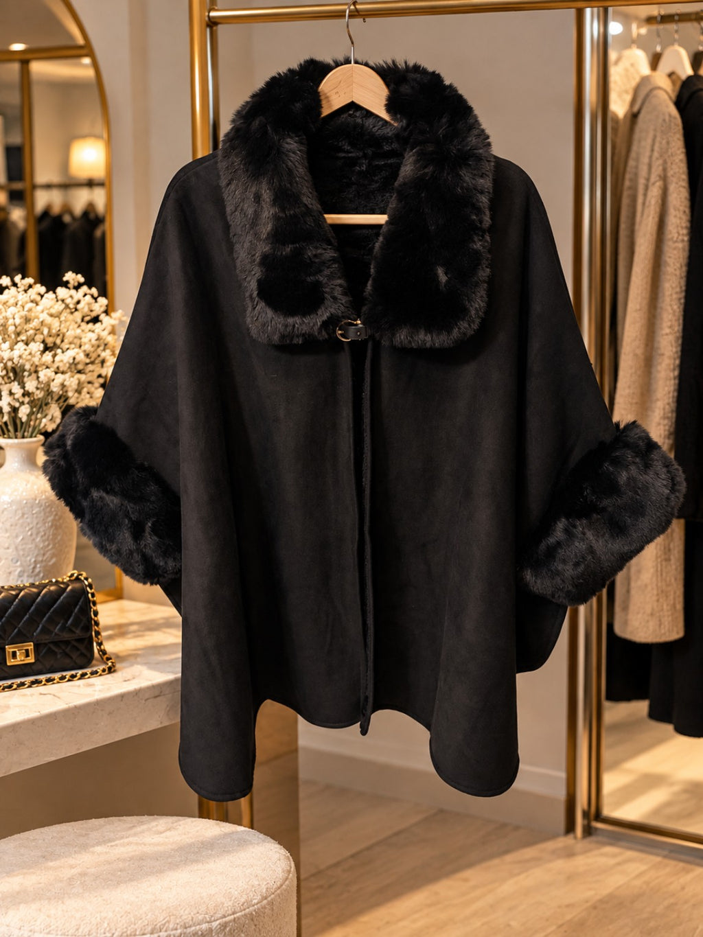 Cape poncho femme noire CALVI doublée fausse fourrure – vue de face