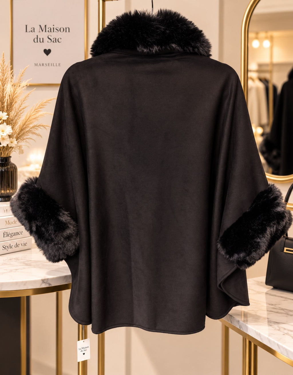 Cape poncho femme noire CALVI doublée fausse fourrure – vue arrière