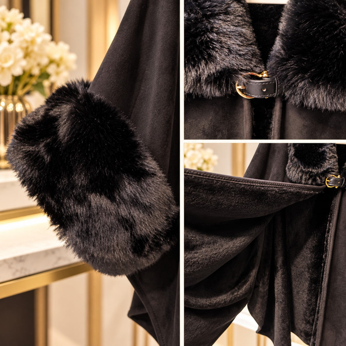 Cape poncho CALVI noire – détail poignets, fausse fourrure et doublure