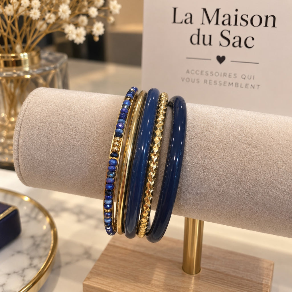 Bracelet jonc bleu marine et doré femme