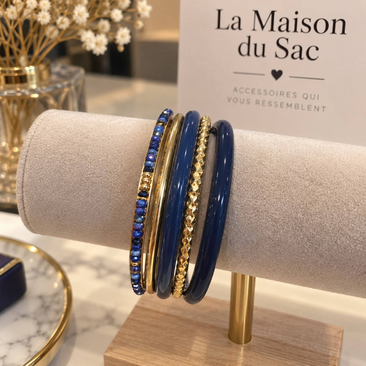 Bracelet jonc bleu marine et doré femme