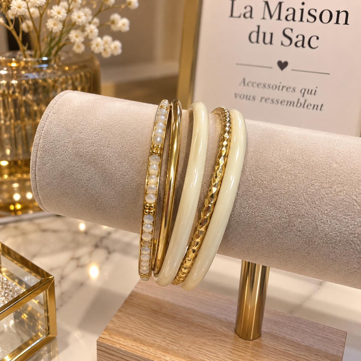 Bracelet jonc écru et doré femme