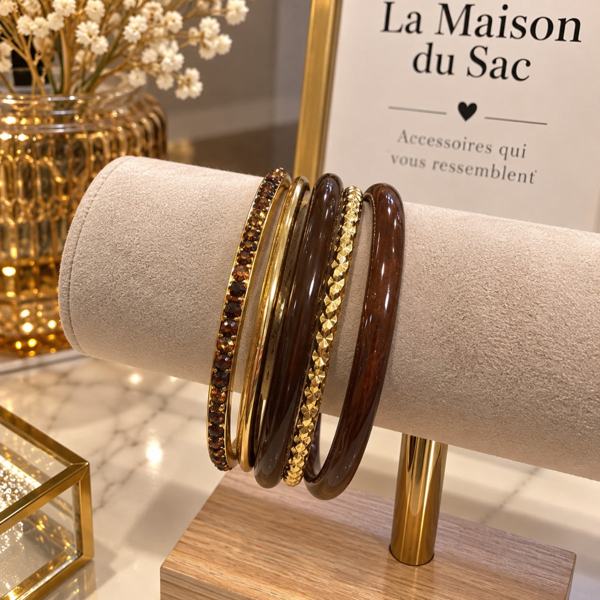 Bracelet jonc marron et doré femme