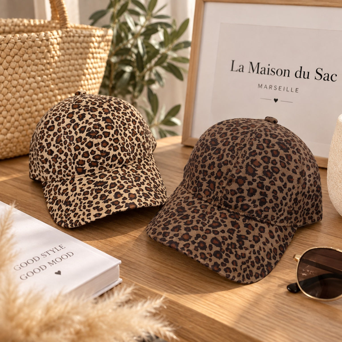 Casquette léopard beige 100 % polyester vue de face