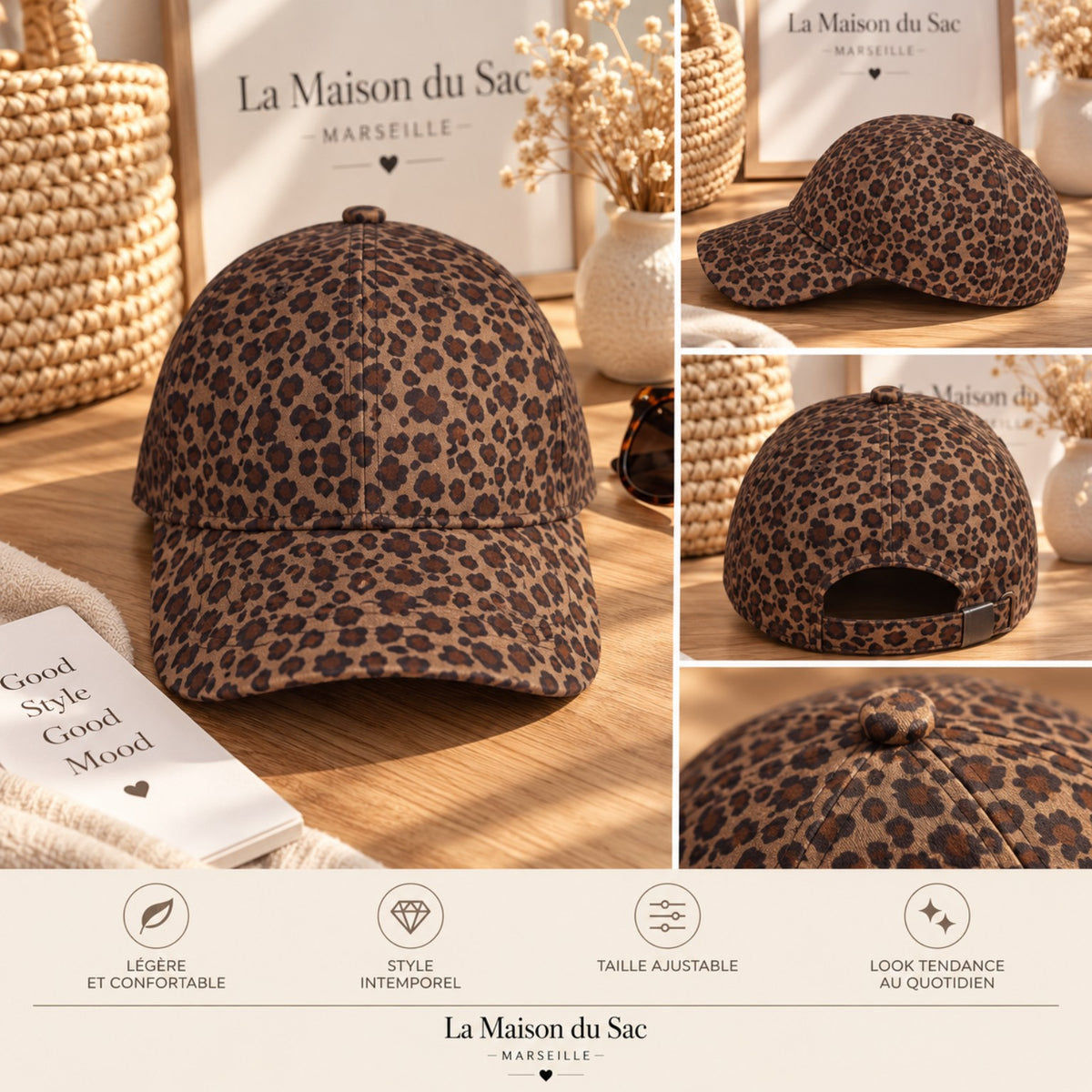 Casquette léopard beige 100 % polyester vue de profil