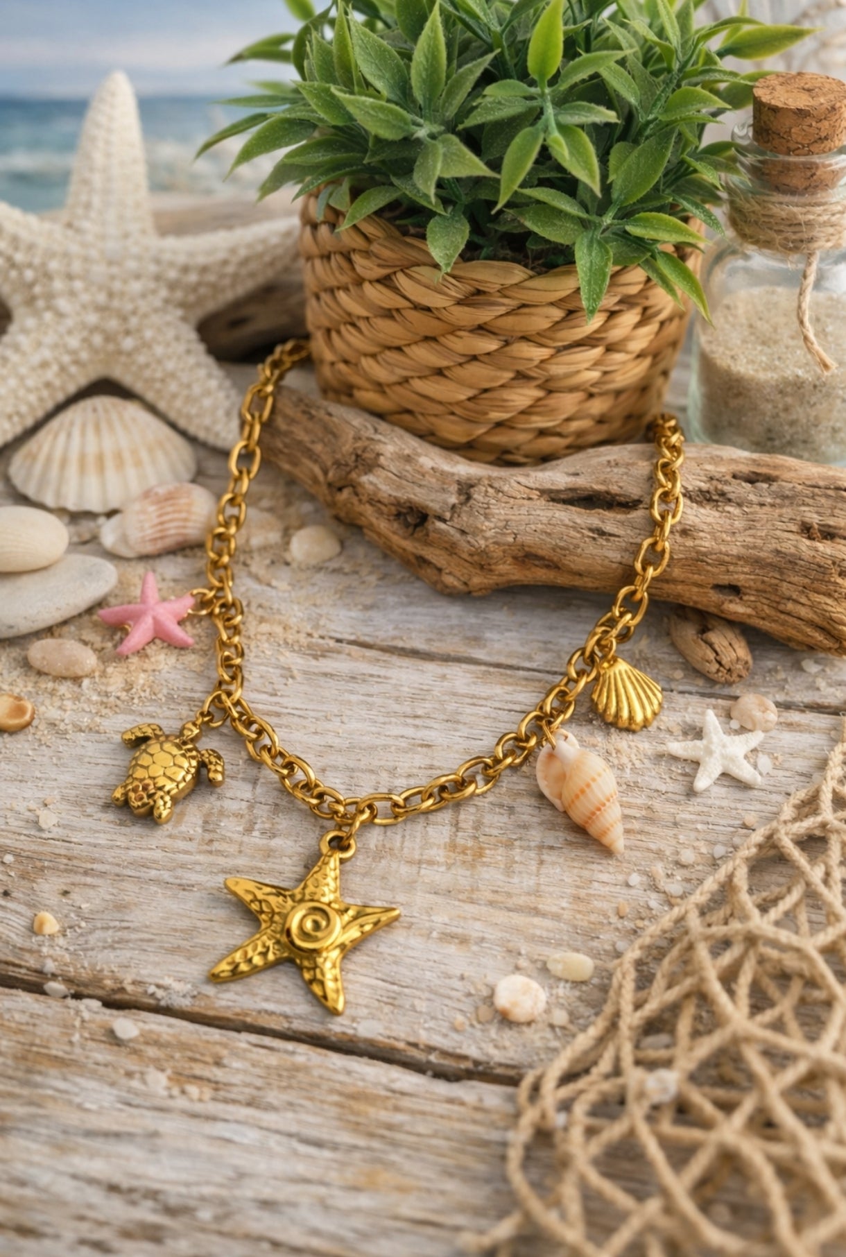 Collier Procida en acier inoxydable doré avec charms marins, étoile de mer, tortue, coquillages et détail rose sur décor plage.