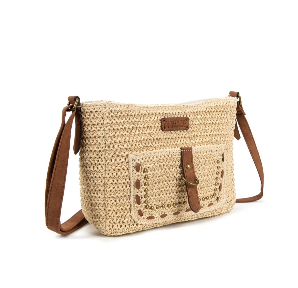 Sac bandoulière femme style raphia beige Ischia avec détails camel et clous dorés