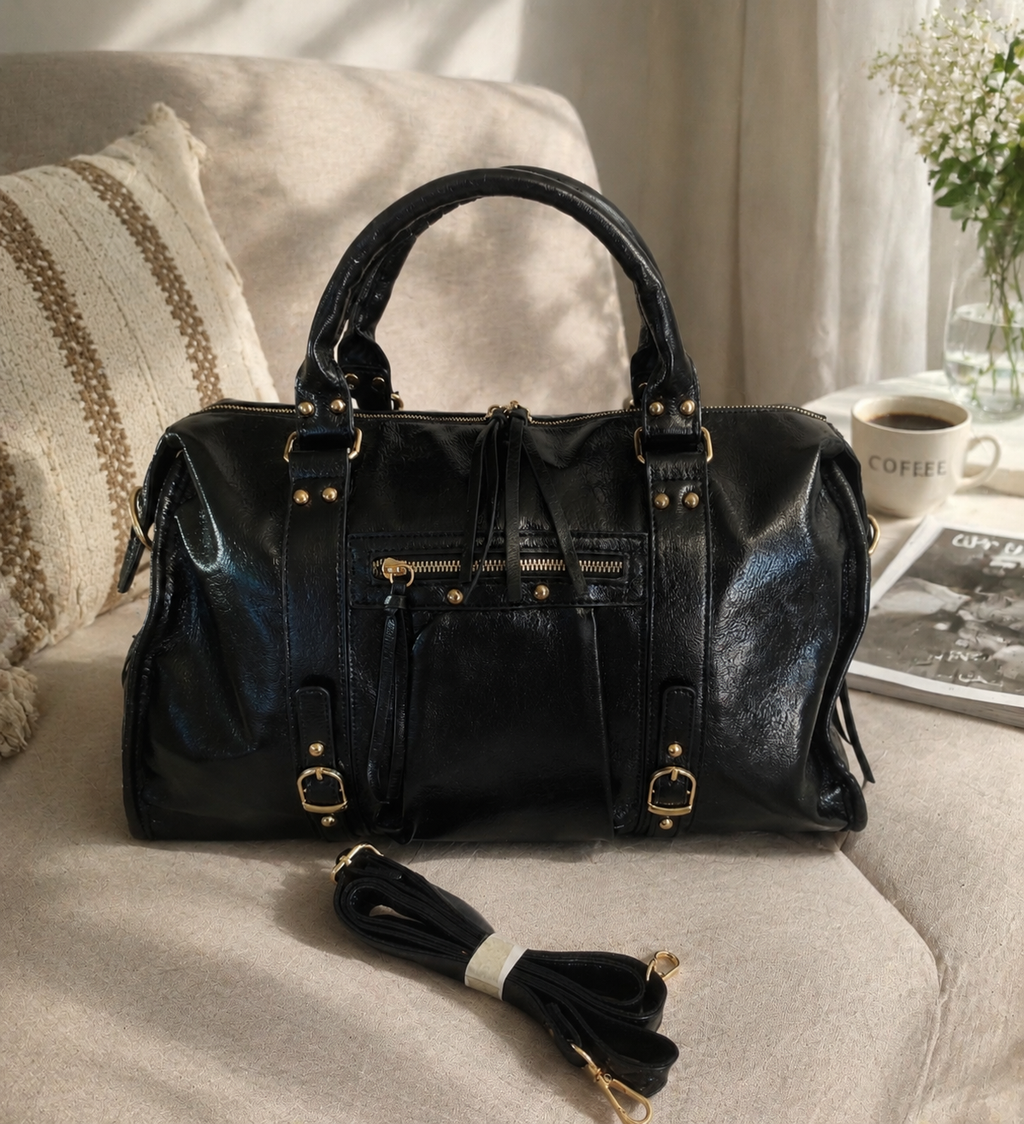 Sac de cours MILANO noir en cuir PU femme grand format avec bandoulière sac week-end 