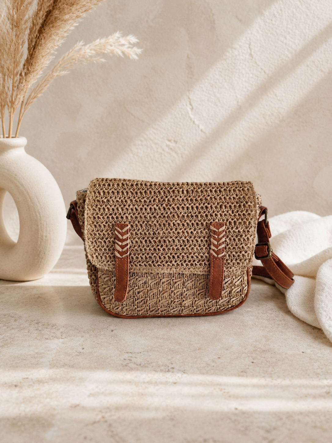 Sac bandoulière Cadaqués en raphia tressé beige mise en scène bohème