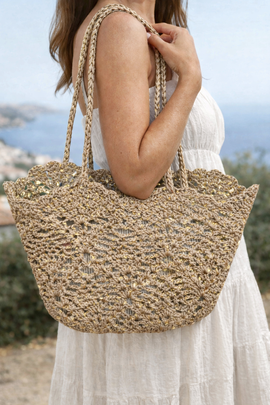 panier doré femme grand sac cabas été bohème