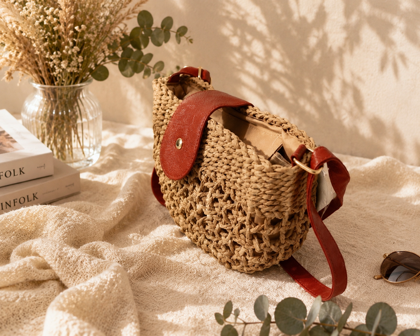Sac bandoulière Rovinj en raphia ajouré naturel avec détails camel et bandoulière réglable