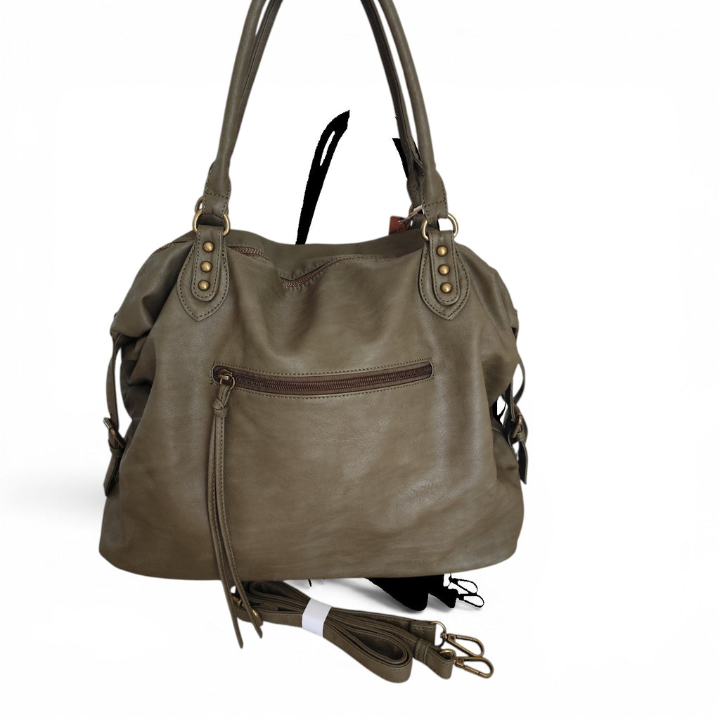 Sac cabas femme Matera kaki 38 × 32 × 13 cm en cuir synthétique souple avec bandoulière amovible et multiples poches.