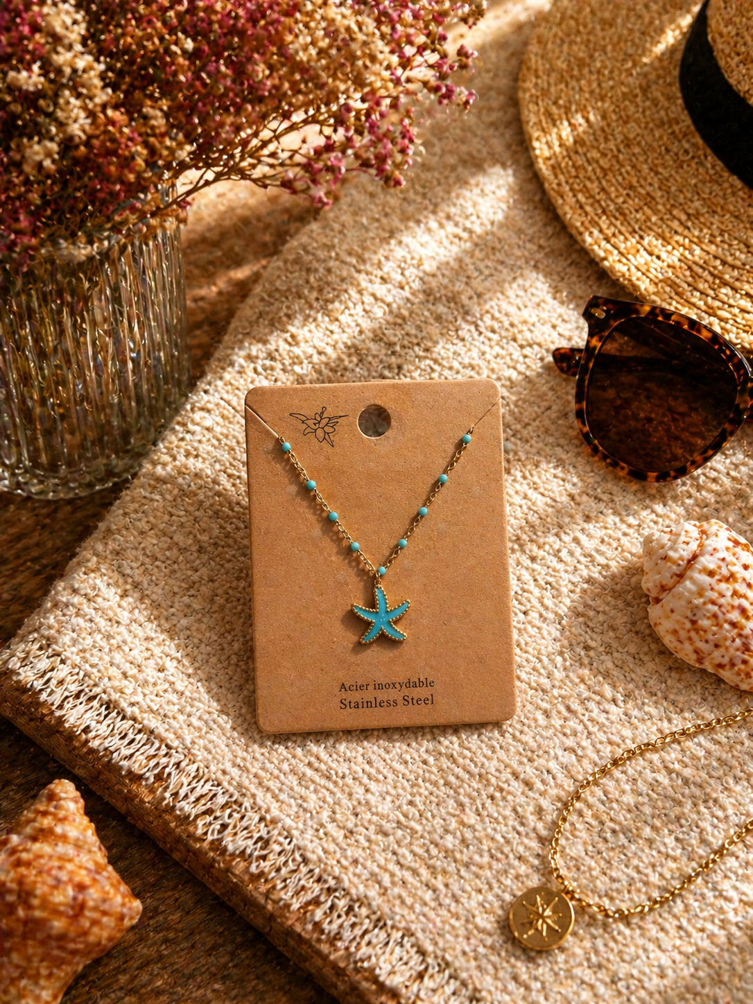 Colliers dorés avec pendentif étoile de mer colorée, présentés sur cartes La Maison du Sac dans une ambiance estivale méditerranéenne avec coquillages, chapeau de paille et lunettes de soleil.