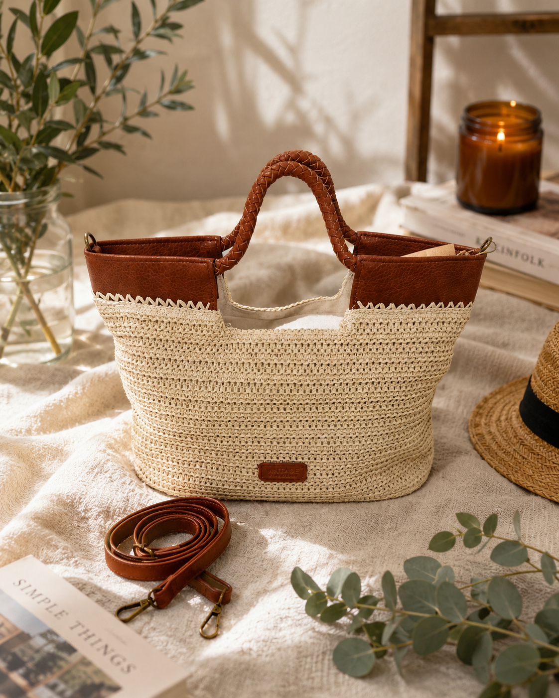 Sac cabas Nerja en raphia tressé beige avec détails camel et bandoulière amovible