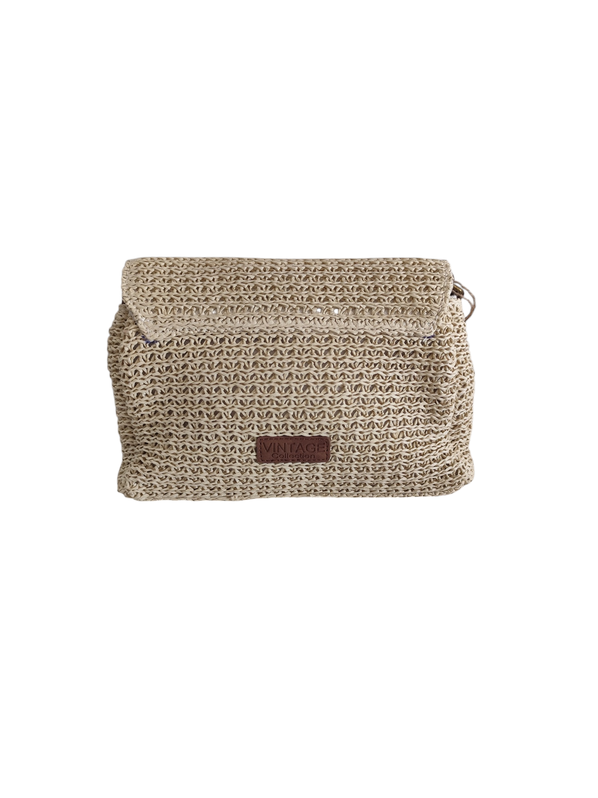 Dos du sac bandoulière effet raphia avec étiquette vintage.
