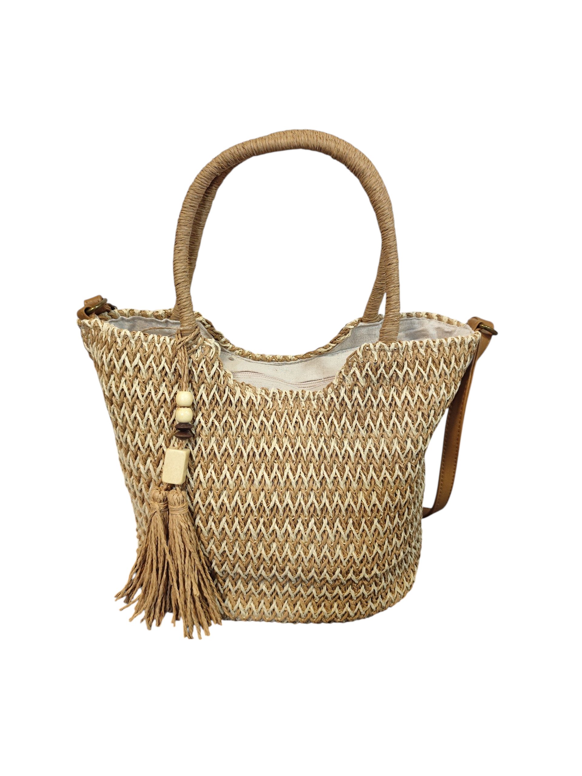 sac cabas tressé femme bohème avec pompon et bandoulière