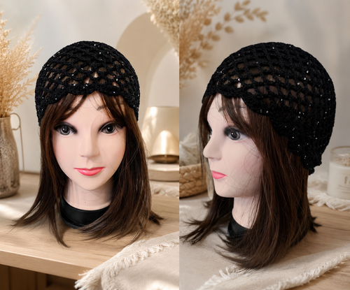 Bonnet en crochet noir ajouré pour femme, style bohème élégant