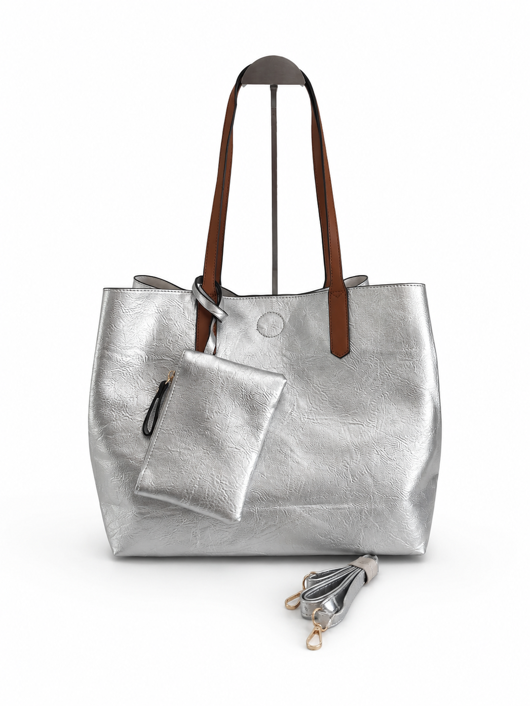 Sac cabas irisé grand format Côme avec anses camel, pochette amovible et bandoulière, idéal pour les cours, le bureau et le quotidien.