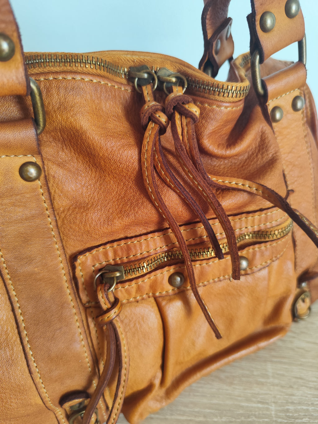 Sac à main femme en cuir vintage camel – Grand sac cabas en cuir véritable – Sac bandoulière rétro – Style bohème chic