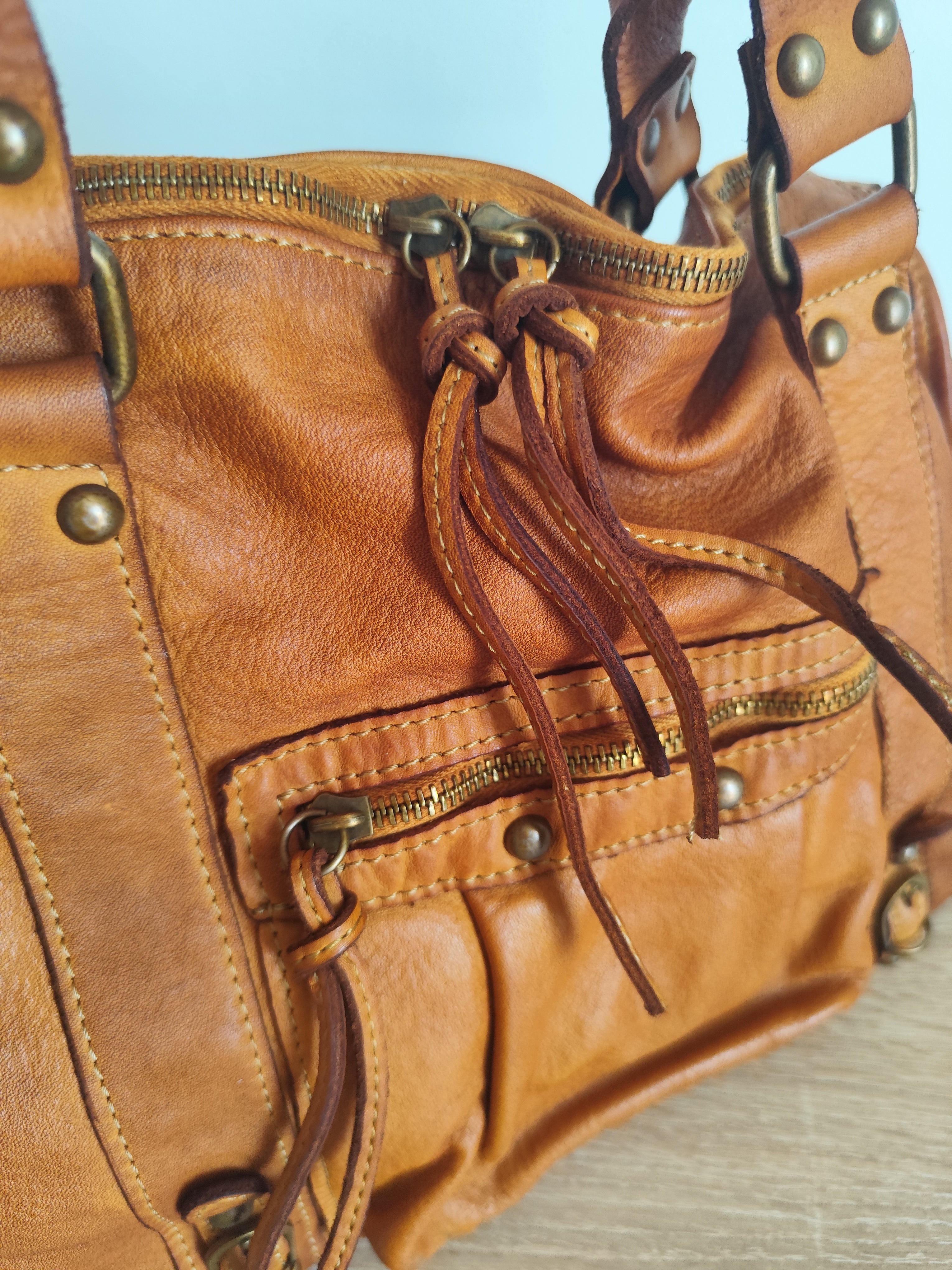 Sac à main femme en cuir vintage camel – Grand sac cabas en cuir véritable – Sac bandoulière rétro – Style bohème chic