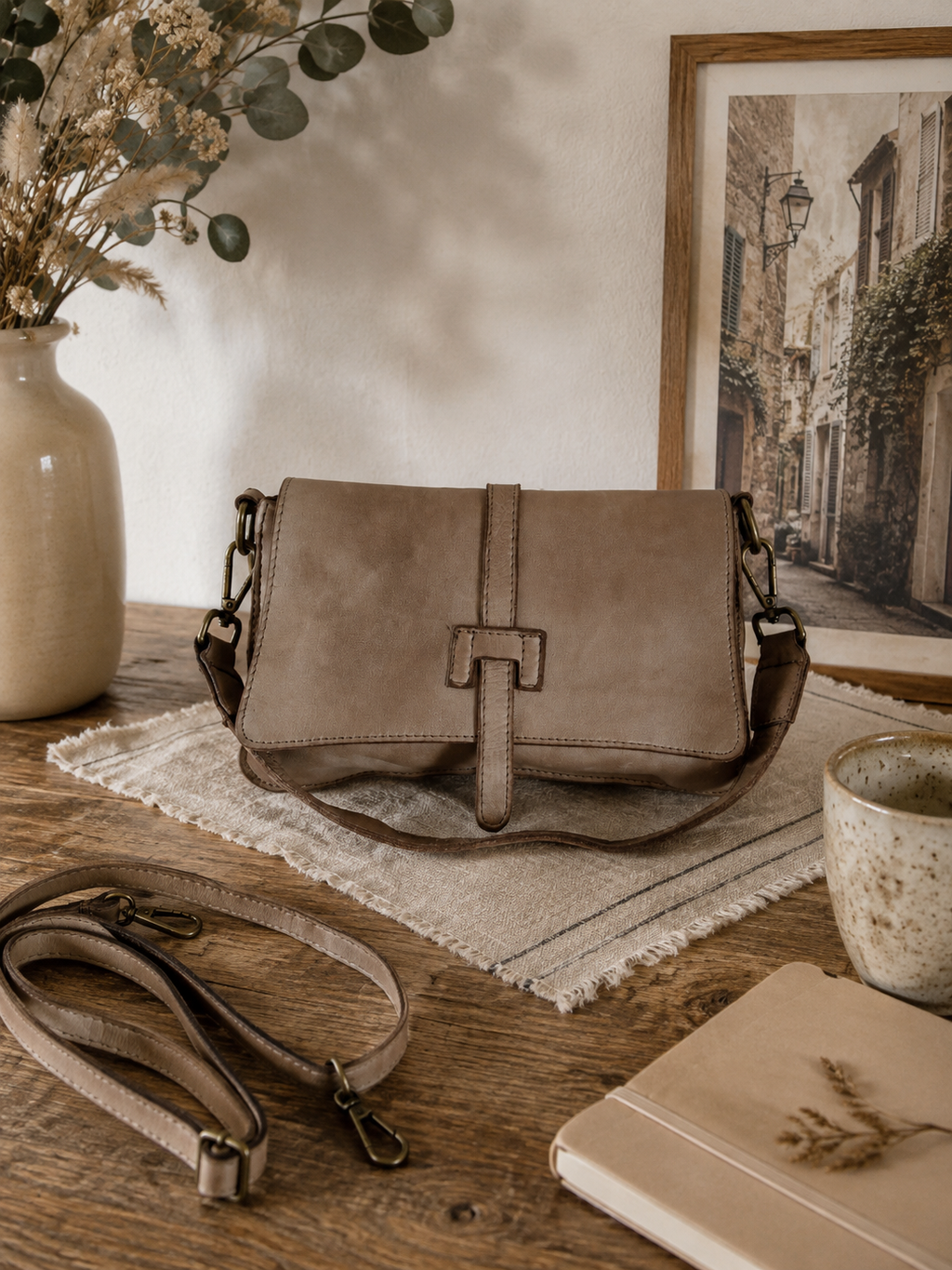 Sac bandoulière femme en cuir véritable italien taupe vintage Norea