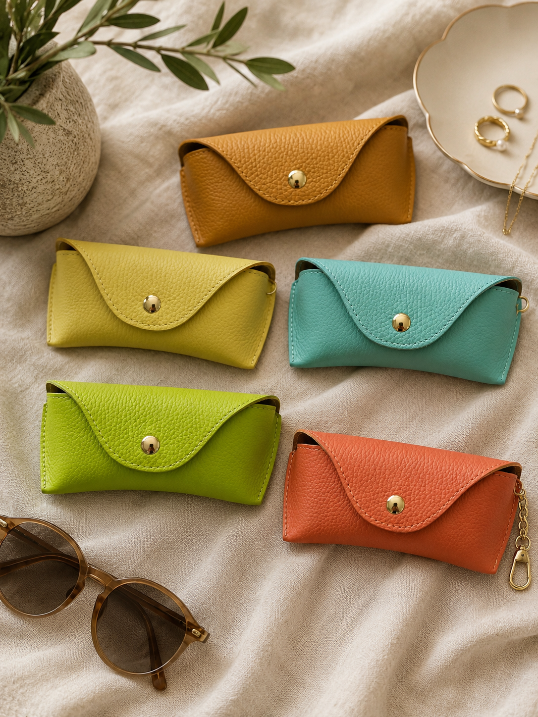 Étui lunettes Cassis effet cuir grainé avec bouton doré corail noir beige bleu vert jaune camel 