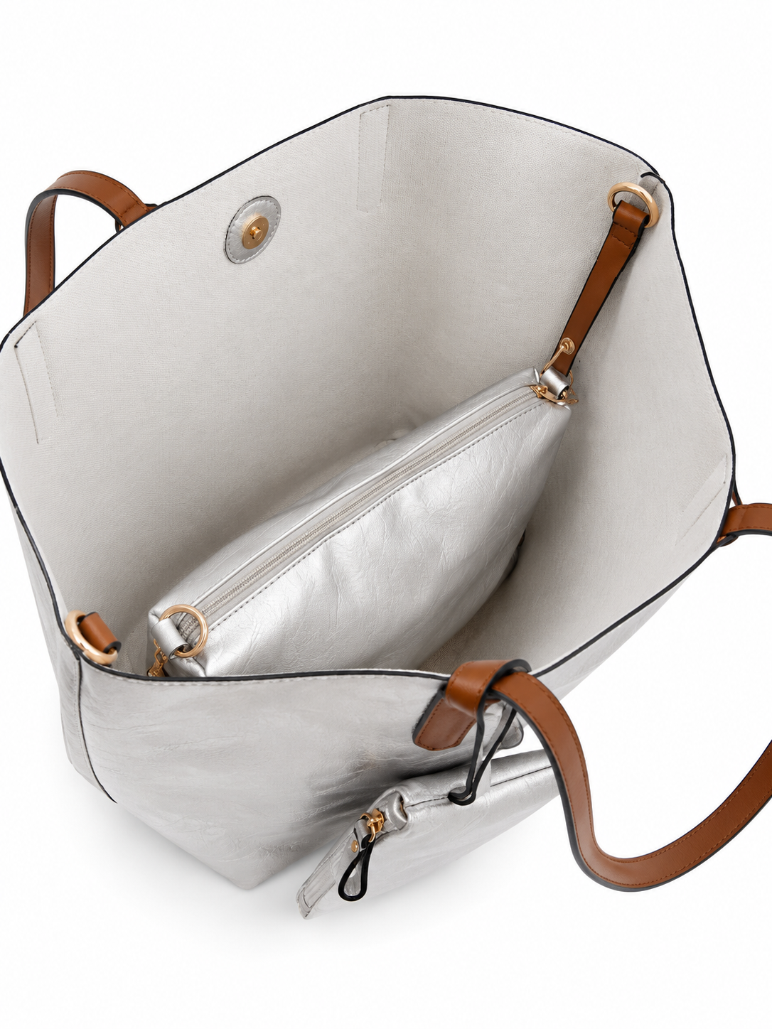 Sac cabas irisé grand format Côme avec anses camel, pochette amovible et bandoulière, idéal pour les cours, le bureau et le quotidien.