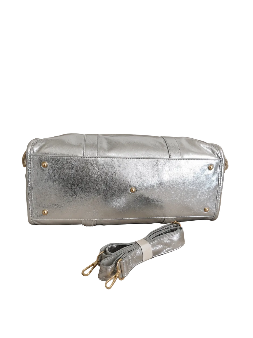 Sac de voyage argenté métallisé avec finitions dorées, poignées renforcées, bandoulière assortie amovible et poche zippée frontale