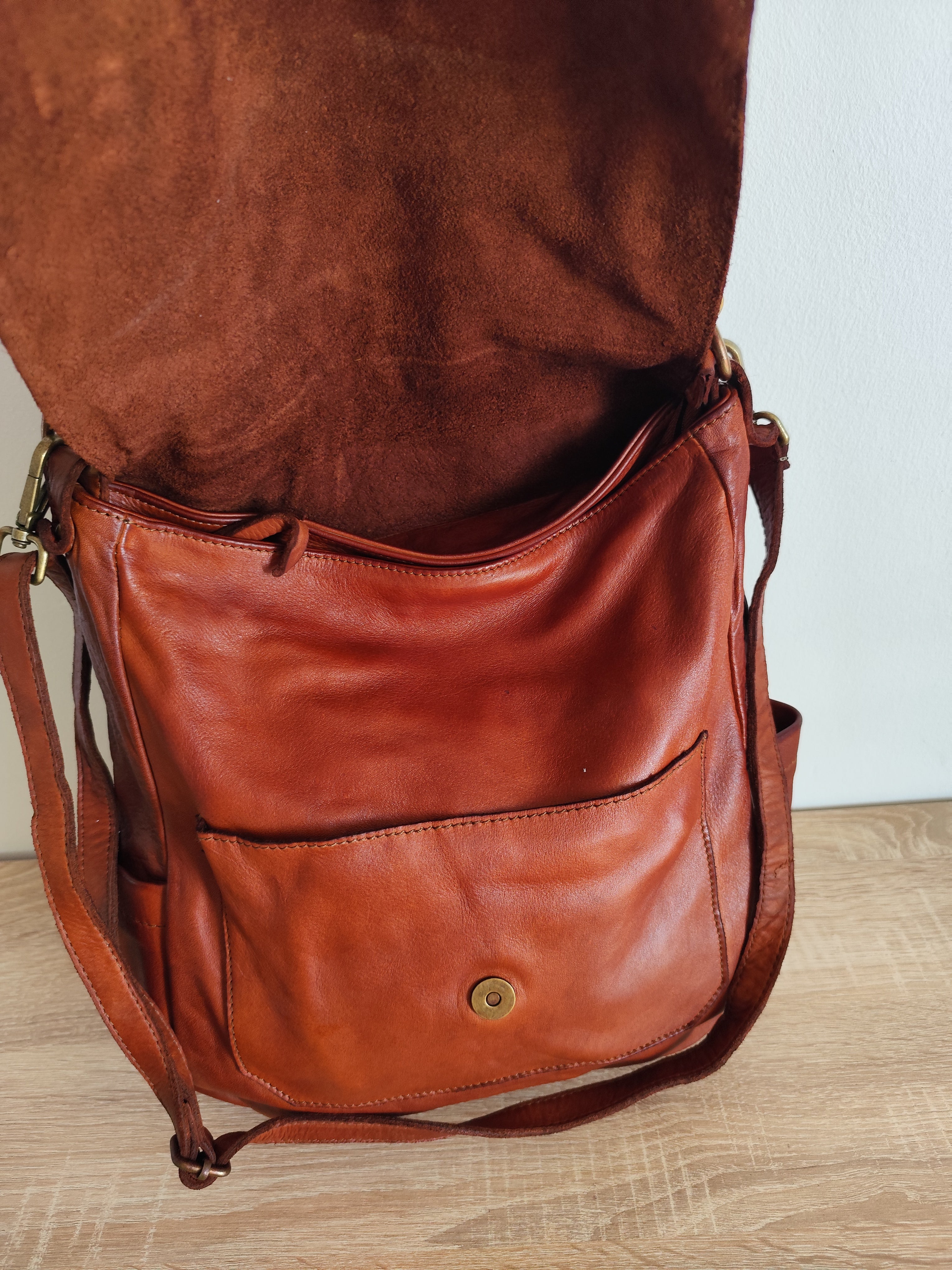 Sac bandoulière en cuir vintage camel – Grand sac besace femme en cuir véritable 30x33x13 cm