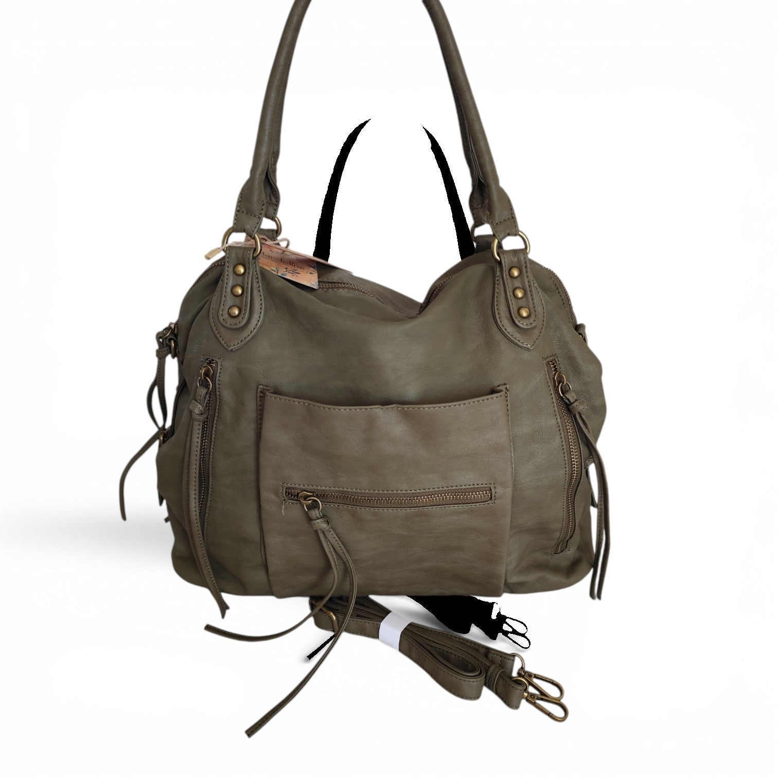 Sac cabas femme Matera kaki 38 × 32 × 13 cm en cuir synthétique souple avec bandoulière amovible et multiples poches.