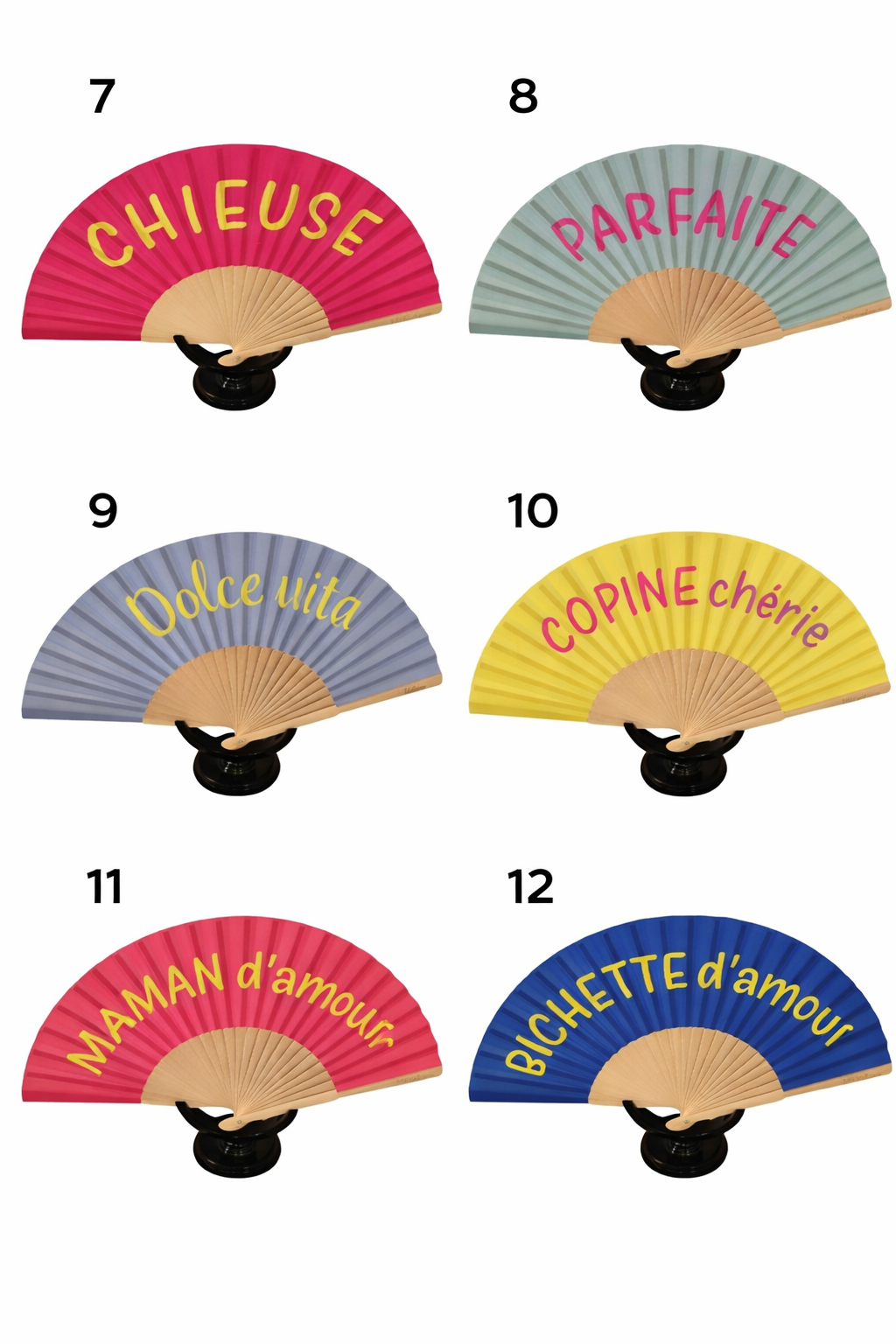 Éventails femme colorés à message en bois et tissu