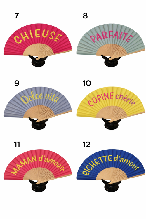 Éventails femme colorés à message en bois et tissu