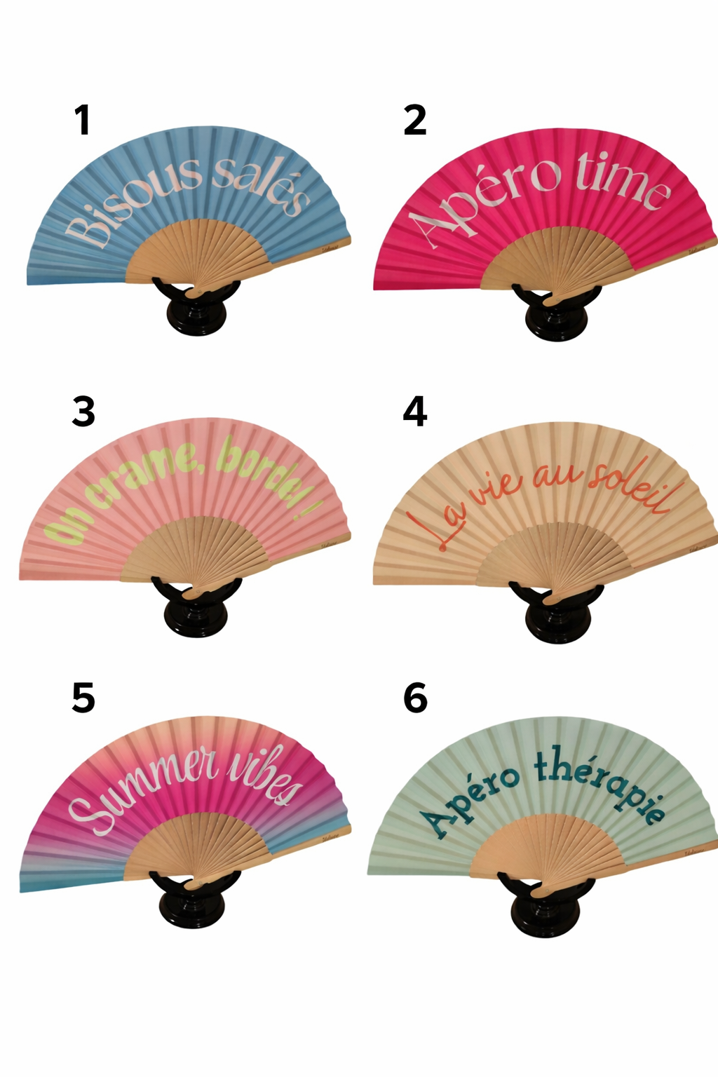 Éventails femme colorés à message en bois et tissu