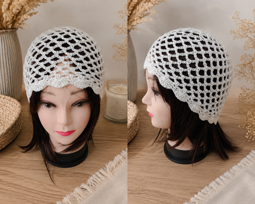 Bonnet en crochet blanc ajouré pour femme, style bohème chic, présenté de face et de profil sur un mannequin.