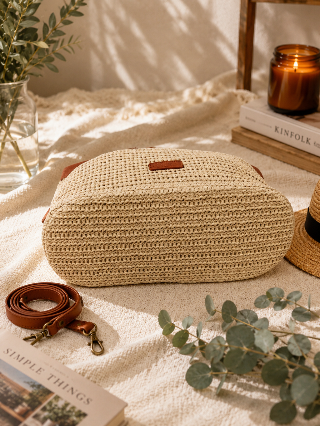 Sac cabas Nerja en raphia tressé beige avec détails camel et bandoulière amovible