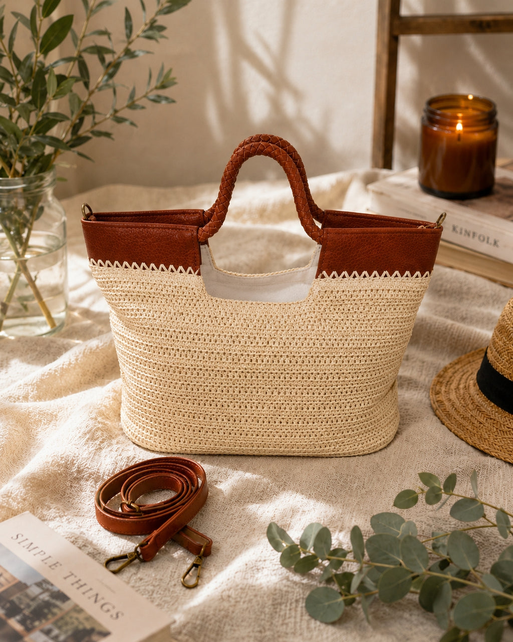 Sac cabas Nerja en raphia tressé beige avec détails camel et bandoulière amovible