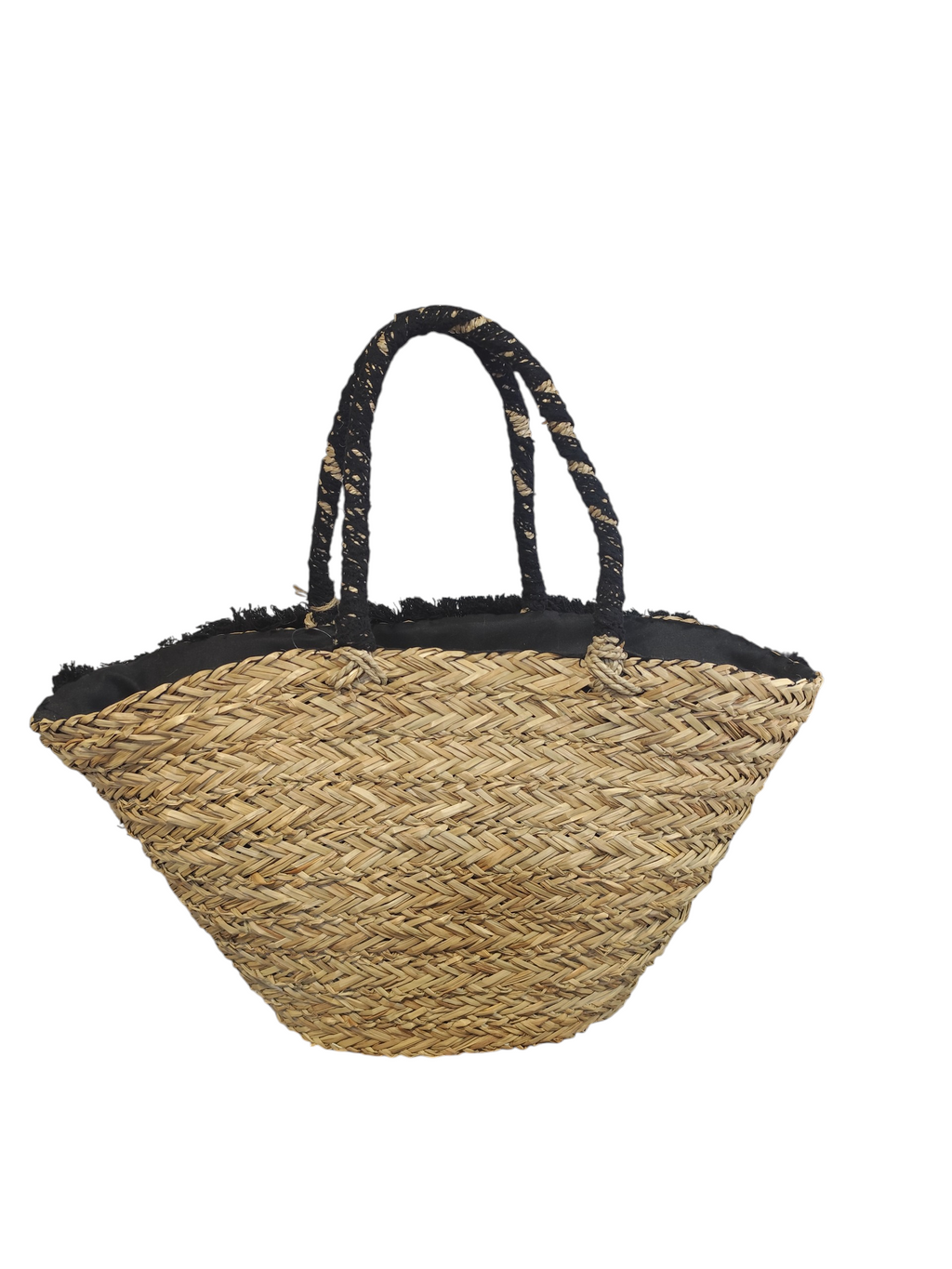 Panier femme en paille et toile noire – Détails coquillages Mykonos