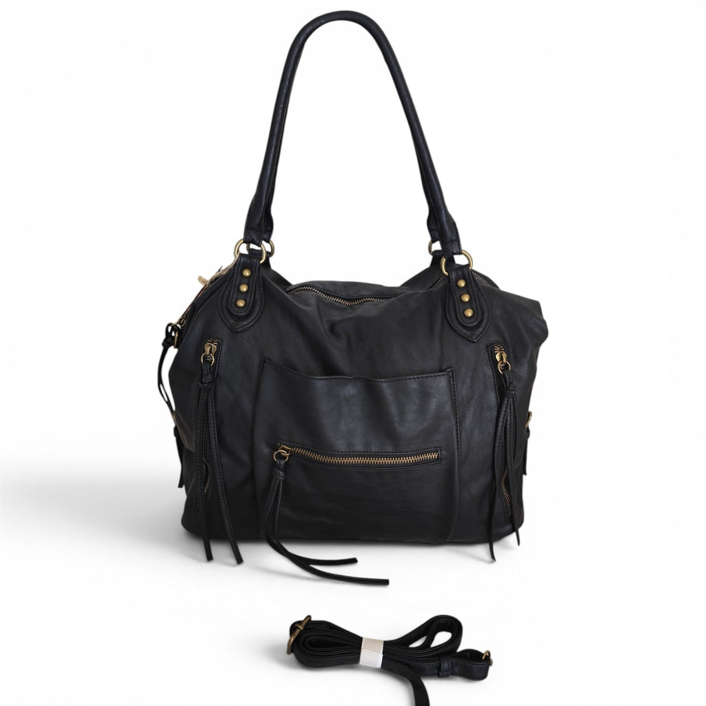 Sac cabas femme Matera noir 38 × 32 × 13 cm en cuir synthétique souple avec bandoulière amovible et multiples poches.