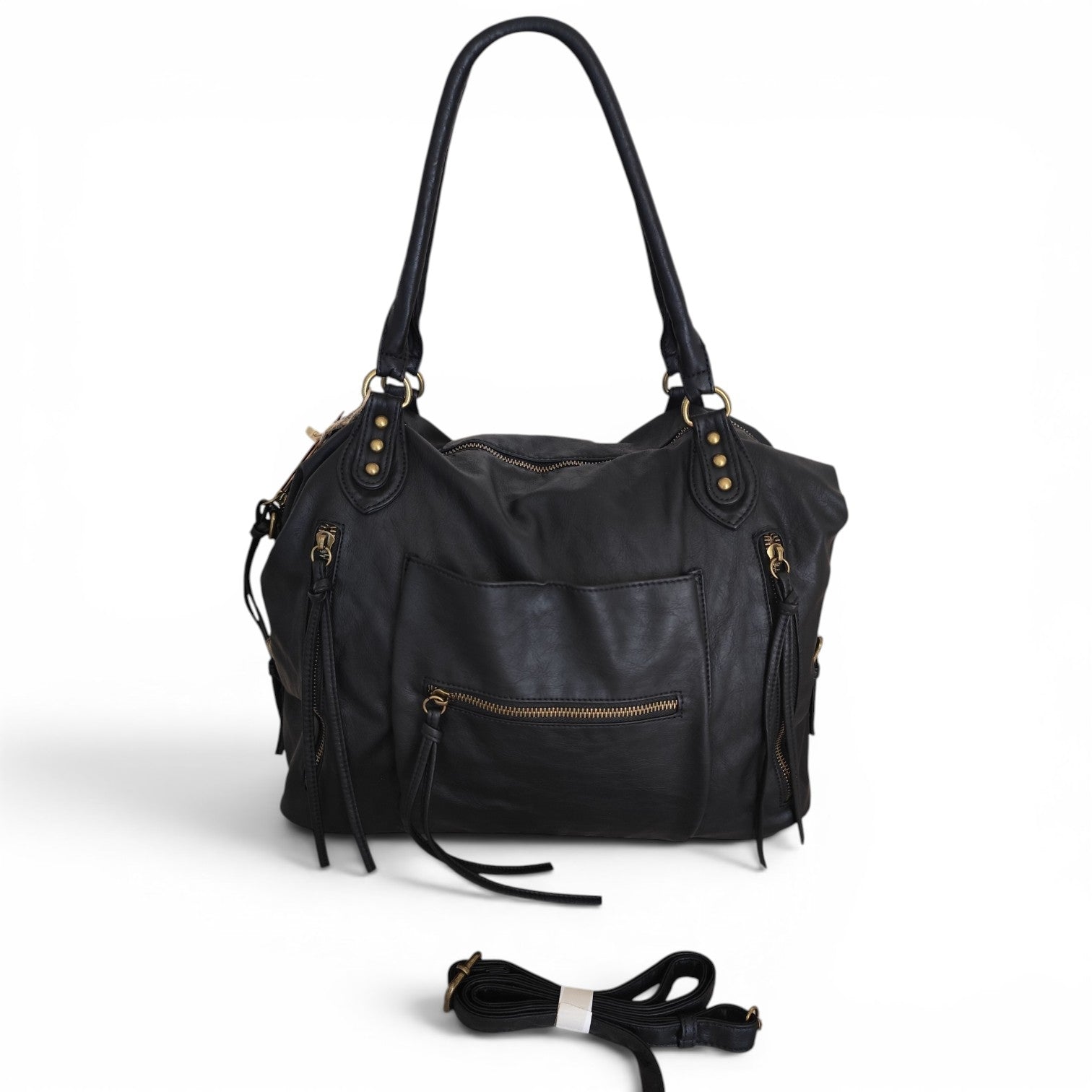 Sac cabas femme Matera noir 38 × 32 × 13 cm en cuir synthétique souple avec bandoulière amovible et multiples poches.