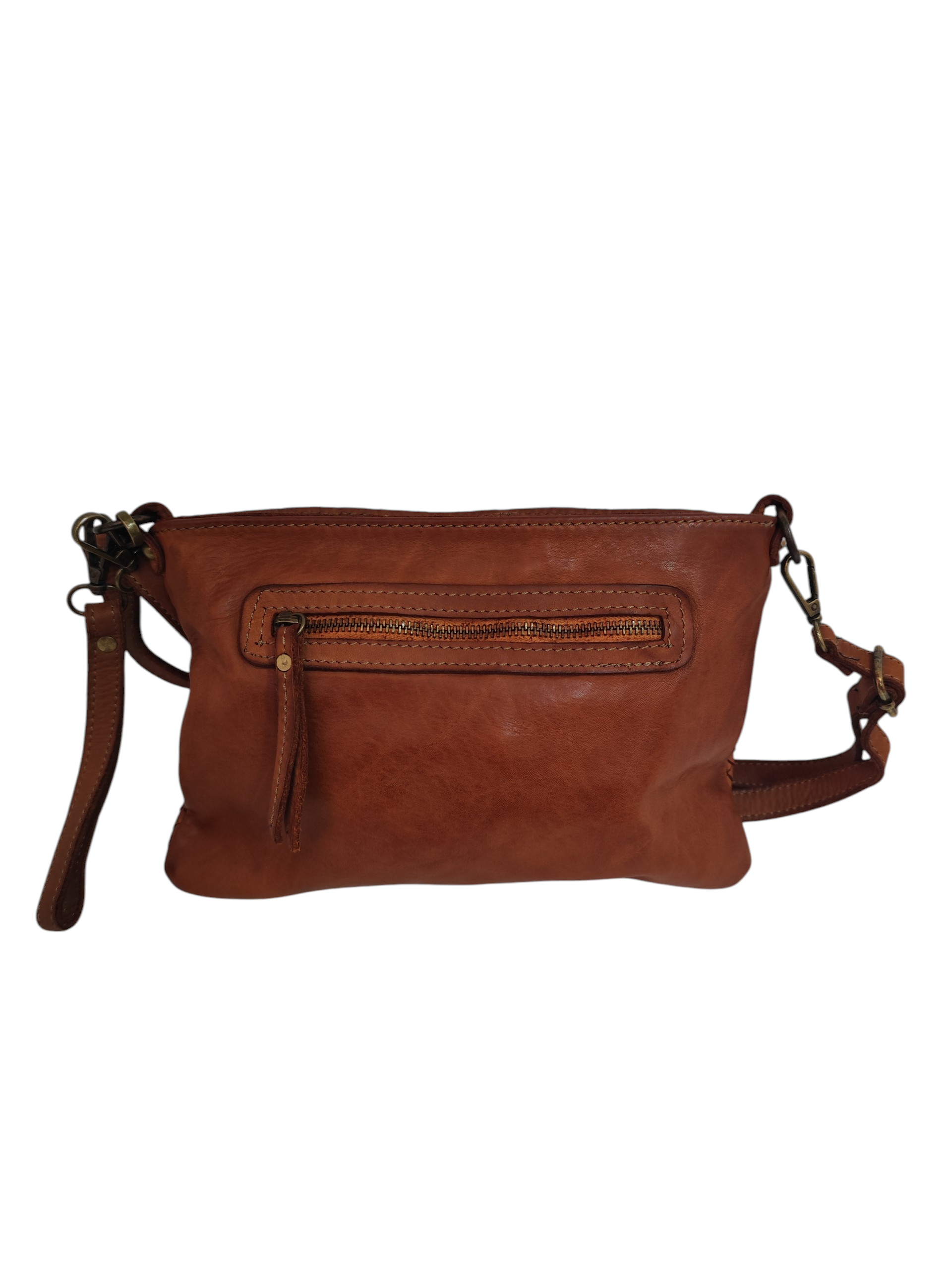 Pochette en cuir tressé vintage camel en cuir de vachette italien avec dragonne et bandoulière