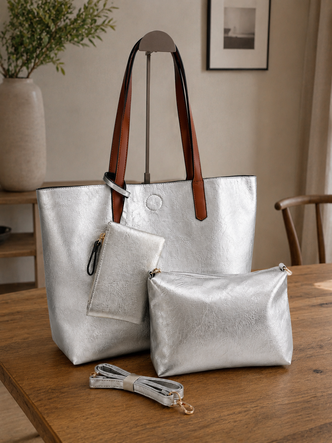 Sac cabas argenté irisé Côme – Grand format 3 pièces