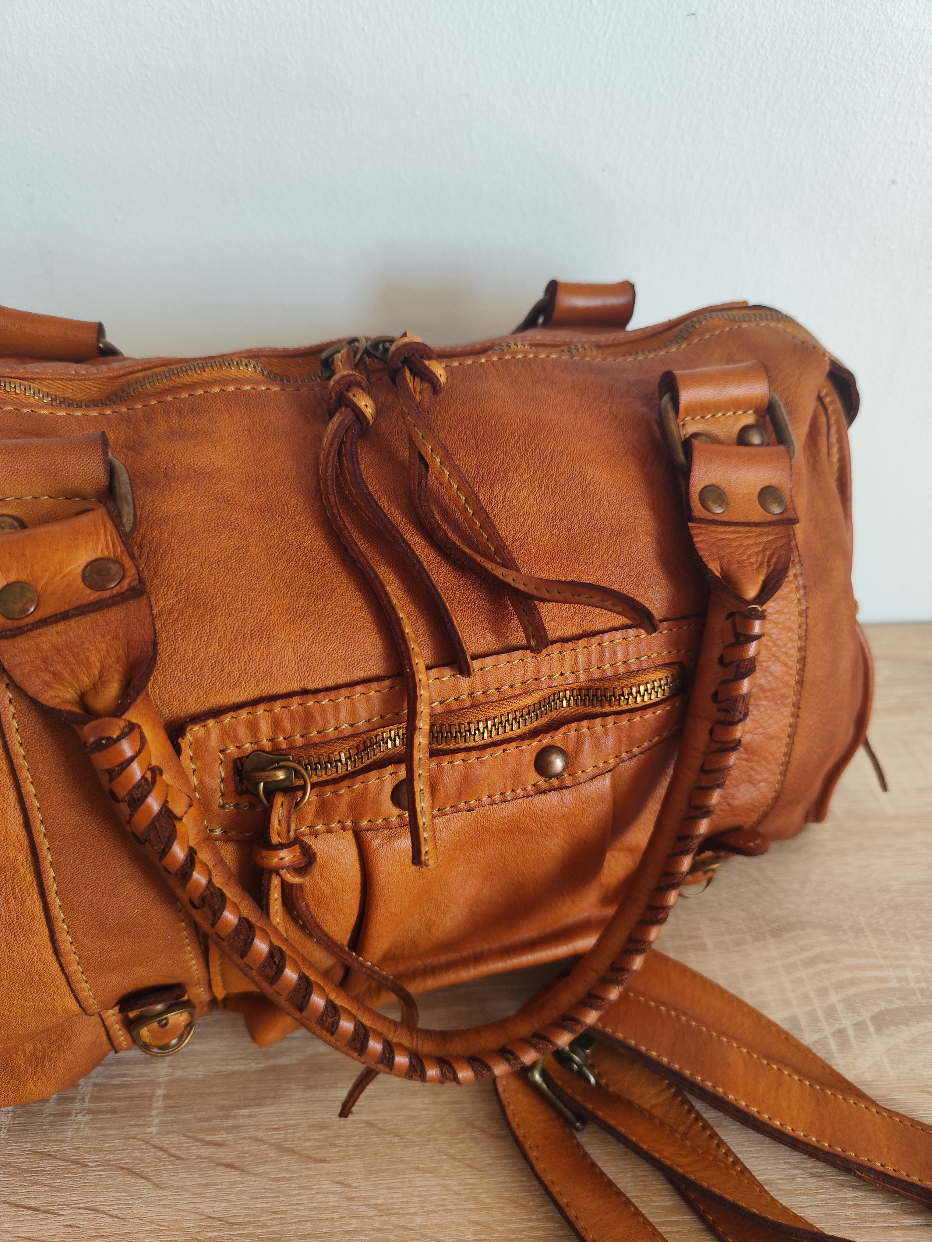 Sac à main femme en cuir vintage camel – Grand sac cabas en cuir véritable – Sac bandoulière rétro – Style bohème chic