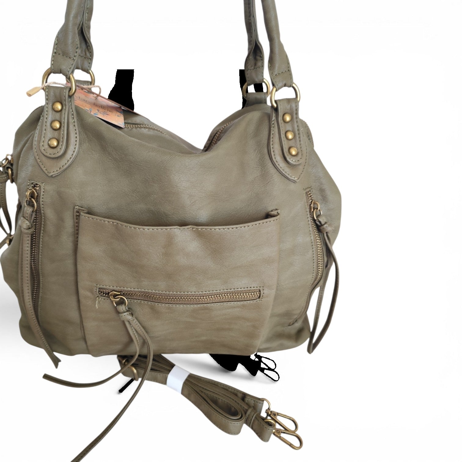 Sac cabas femme Matera kaki 38 × 32 × 13 cm en cuir synthétique souple avec bandoulière amovible et multiples poches.