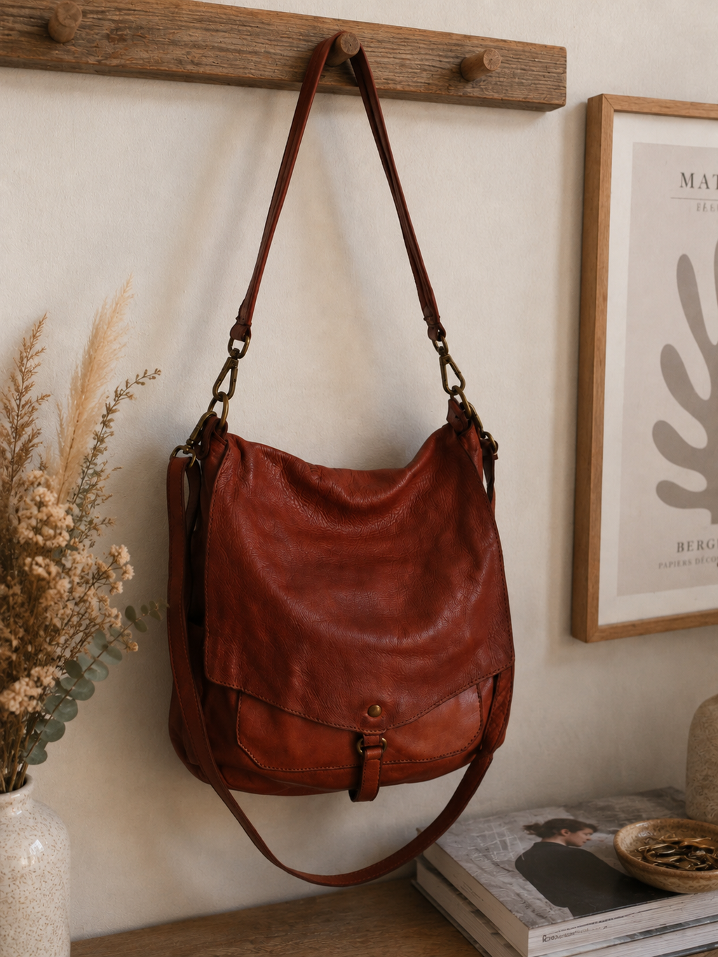 Sac bandoulière en cuir vintage camel – Grand sac besace femme en cuir véritable 30x33x13 cm