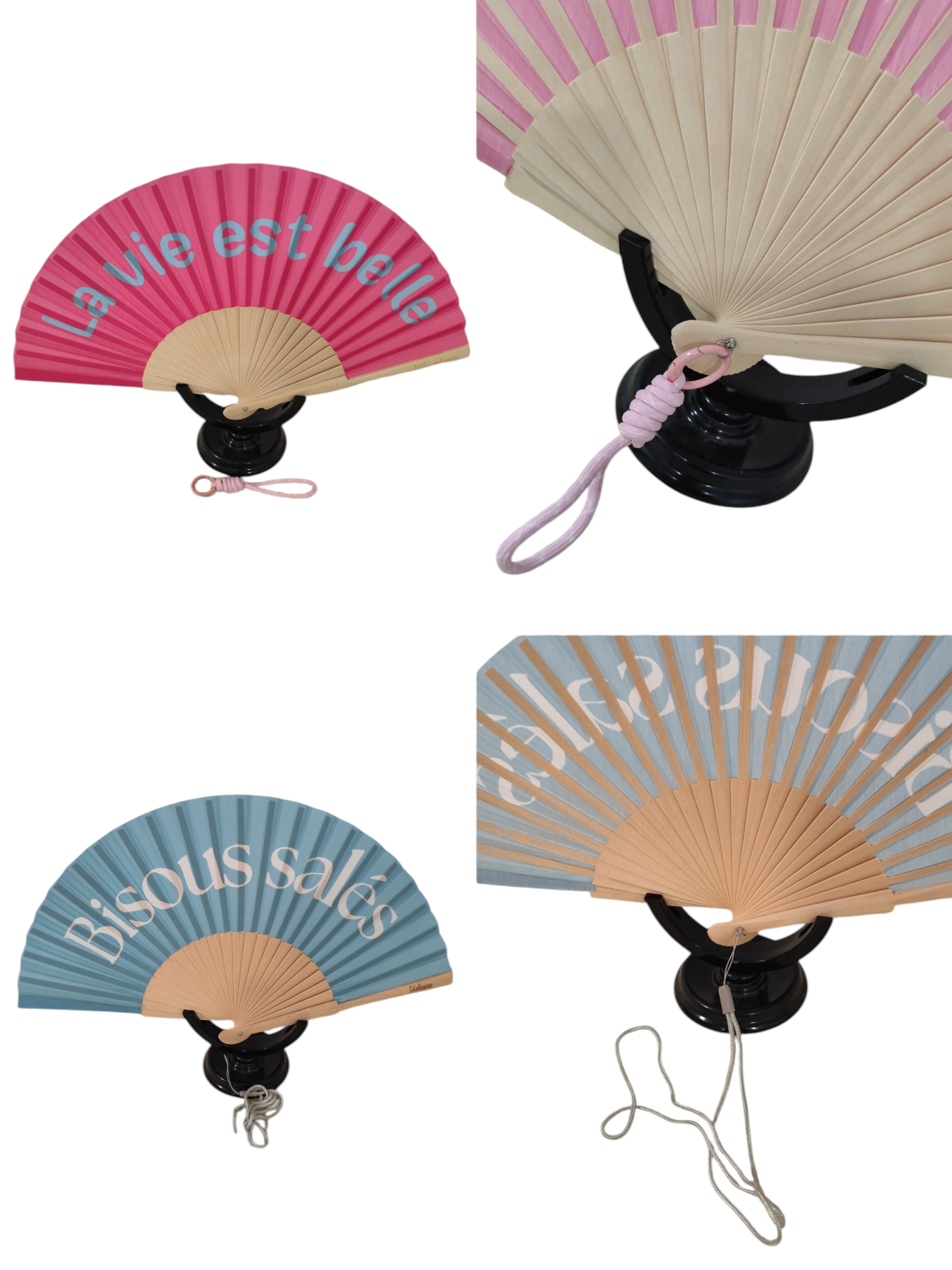 Éventails femme colorés à message en bois et tissu