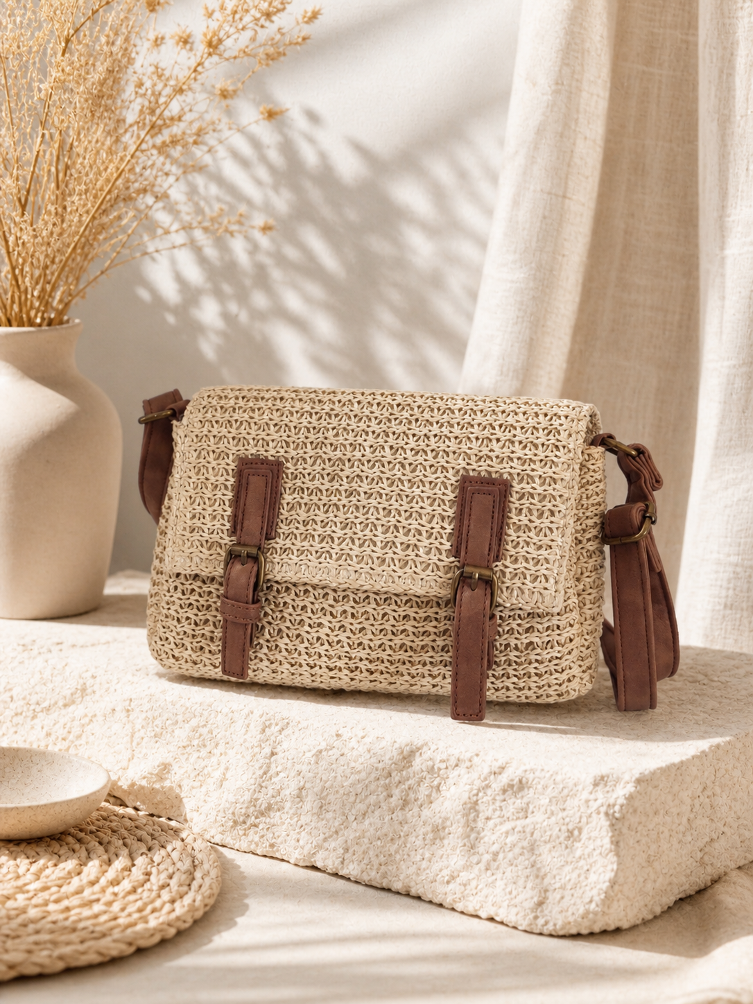 Sac bandoulière femme effet raphia tressé beige avec détails camel, style bohème chic méditerranéen.